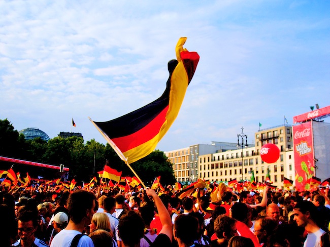 The German flag twists during a Eurocup game in Berlin.